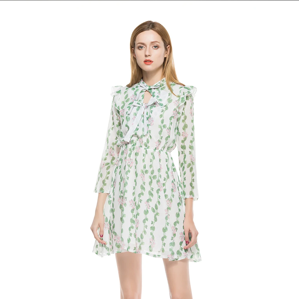 Женские платье с принтом воротником бантиком Ruffer Flouncing плеча Длинные рукава офис