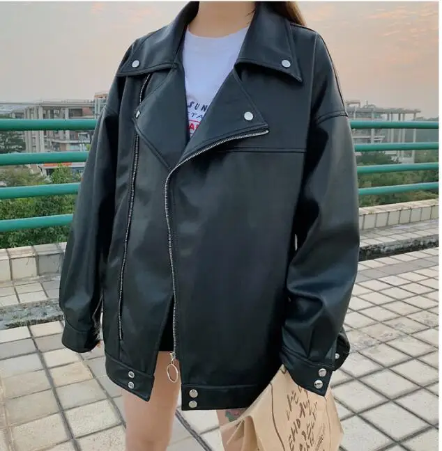 S-XL!Spring and autumn new men's lapel zipper motorcycle leather jacket hip hop couple loose shoulder jacket