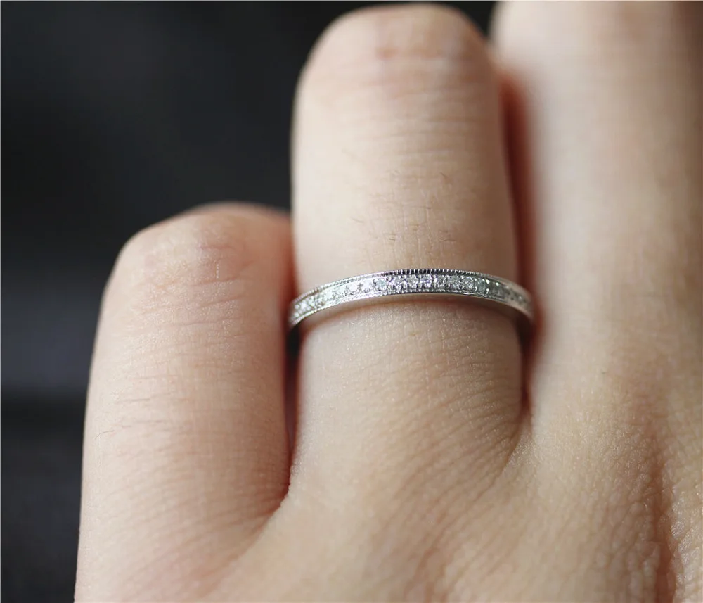 

DUPUY Unique Diamond Wedding Ring Half Eternity Diamonds Ring Solid 14K White Gold Ring Promise Band Bridal Band Milgrain Bezel