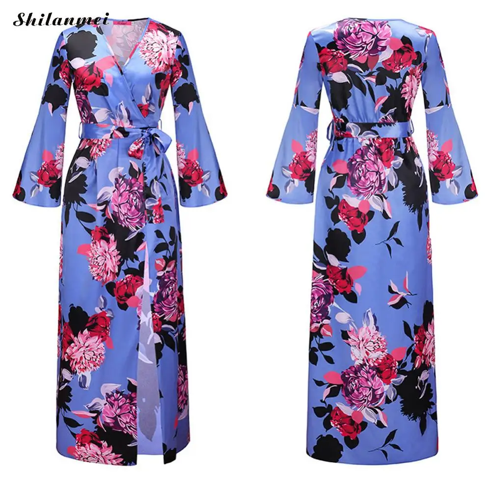 Boho длинными расклешенными рукавами платье Макси Для женщин пикантные Разделение