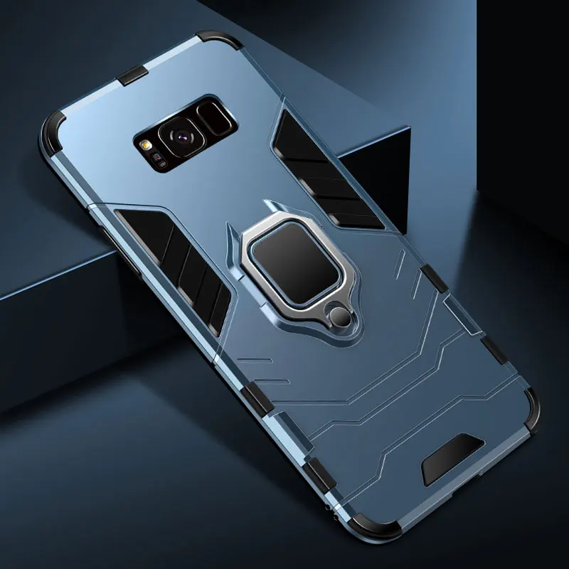 Анти-шок Броня чехол для Samsung Galaxy S8 S9 S10 плюс S10e примечание 9 J6 A7 Kickstand ПК случаях палец кольцо Автомобиля Магнитный стенд - Цвет: Navy