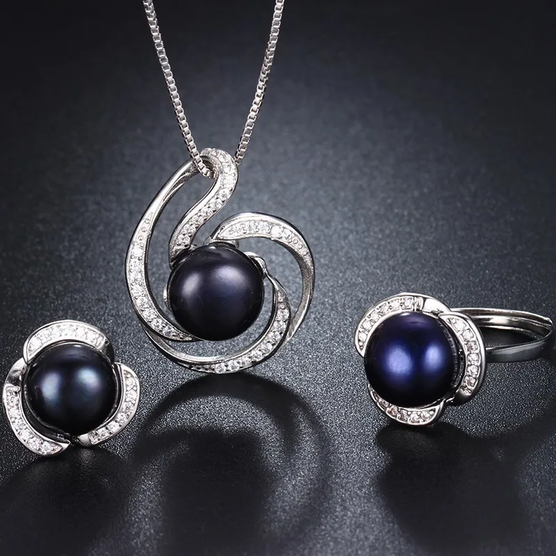 HENGSHENG Genuine Natural Pearl Women Jwelery Set Necklaces&Pendants&Earrings&Ring Big Bread Round with Zircon Flower| |