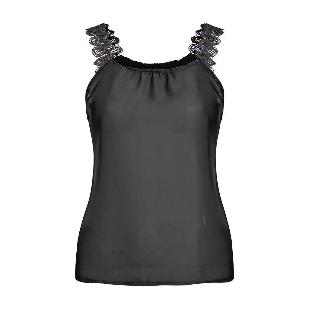 Black Модный топ на бретелях для женщин, Debardeur Femme, Женская однотонная кружевная блузка без рукавов с круглым вырезом, рубашка, пуловер, топы, Женская майка - Цвет: Black