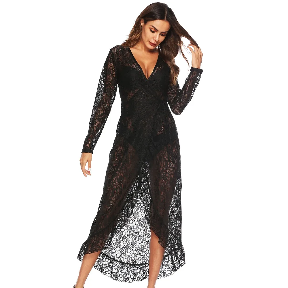PGSD Fashion Women Clothes Sexy Beach sunscreen Perspective Lace Deep V Irregular Lotus Edge Frenulum Long Sleeve Dress female | Женская