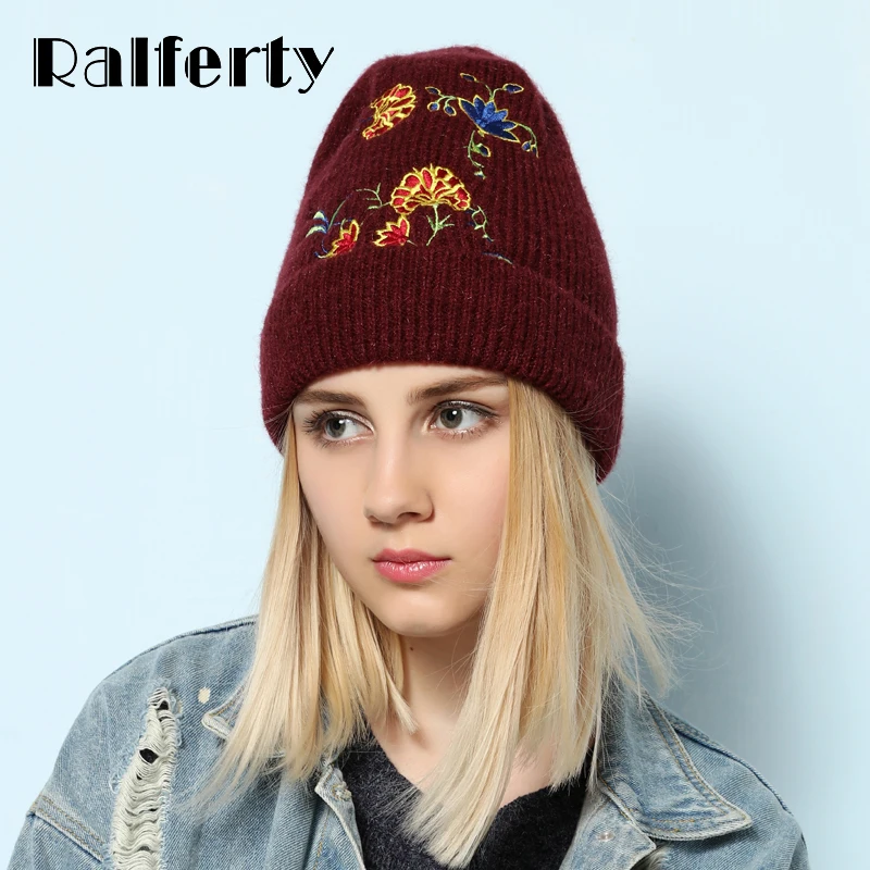 Ralferty, стильная женская зимняя шапка, шапка вязаная, головные уборы для женщин, Повседневная Вышивка Skullies Beanies, женский цветочный чепчик Bonet