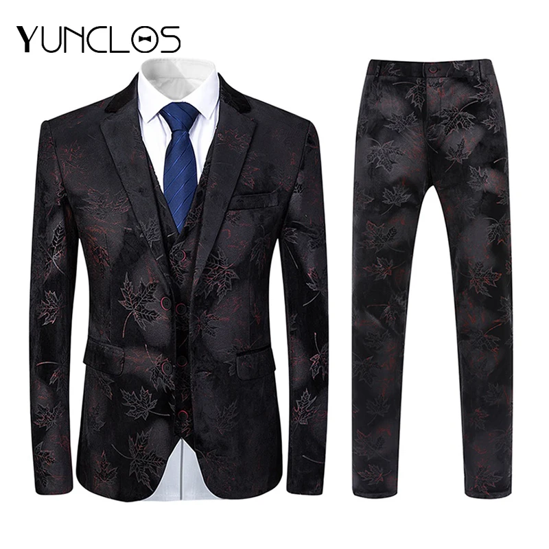 YUNCLOS плед печатных 3 шт. мужской костюм шаль воротник Slim Fit роскошные свадебные