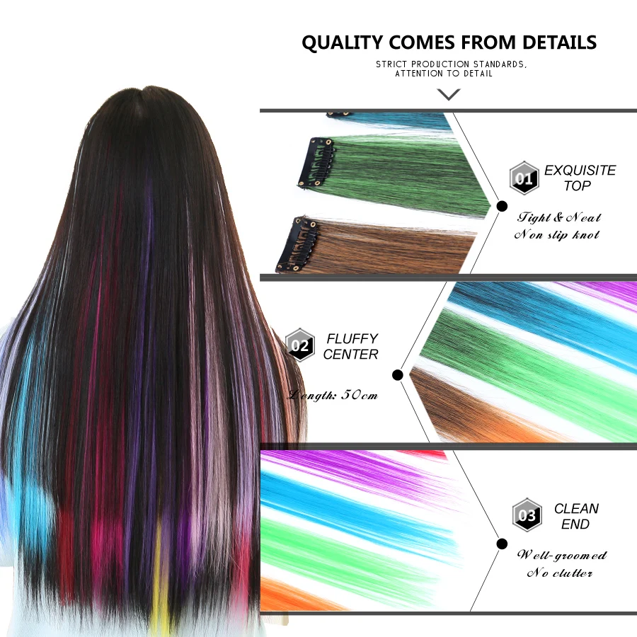 AliLeader Made Synthetic 57 Colors 50CM Single Clip In One Piece Hair Extensions Long Straight Ombre Grey Red Rainbow Hair Piece