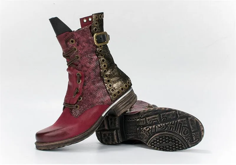 Prova Perfetto Лоскутные ботильоны для женщин Осень Зима Плоская подошва Botas Mujer женские заклепки Шипованные платформа Резиновая женская обувь