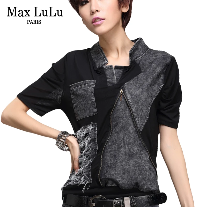 Черный Max LuLu Роскошные корейские джинсы хараюку стили девушки панк топы Футболка женская стоячий воротник футболка на молнии женщина Bts забавная футболка - Цвет: Черный