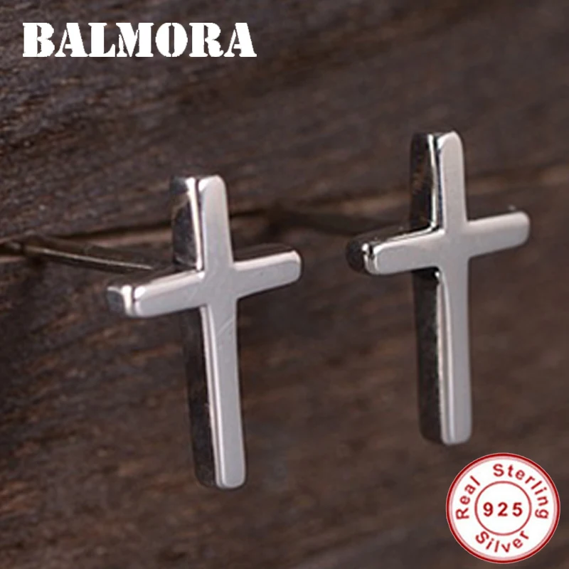 BALMORA 100% Настоящее серебро 925 пробы простые серьги гвоздики с крестом для женщин