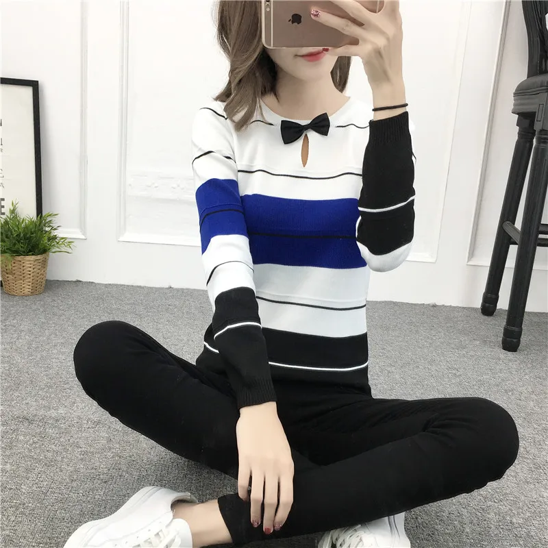 Female Winter &amp Spring Knitted Cute Bow Tie Striped Regular Short Pullover Sweater Ladies Casual All-match Wear Blouse | Женская