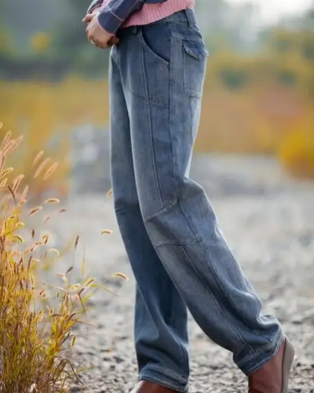 Джинсы женские прямые из смесовой хлопка с высокой талией на осень/зиму|jeans plus|plus