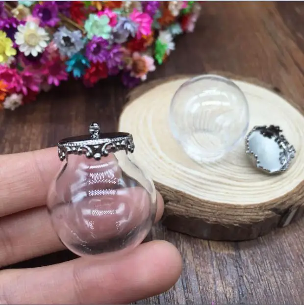 

100sets/lot 25*15mm glass globe with gunblack crown jewelry findings set glass bubble DIY glass vial pendant glass bottle charms