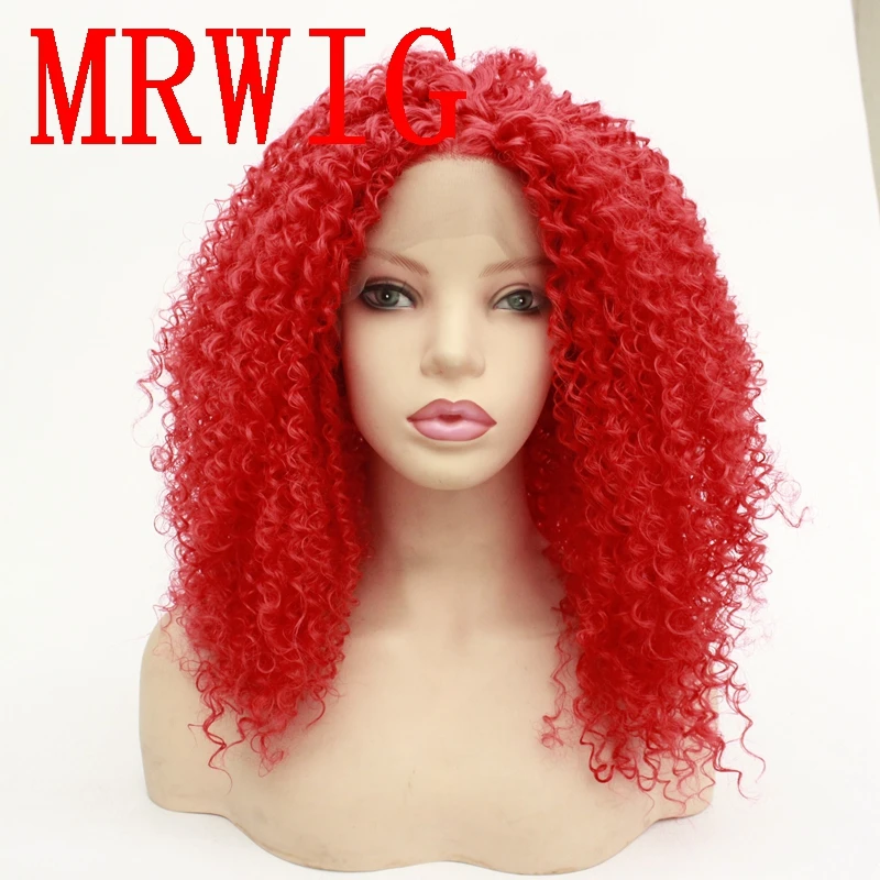 MRWIG 18in Red Hair Color Middle Part Kinky Curly Synthetic Lace Wig Heat Resistant Fiber African Americans | Шиньоны и парики