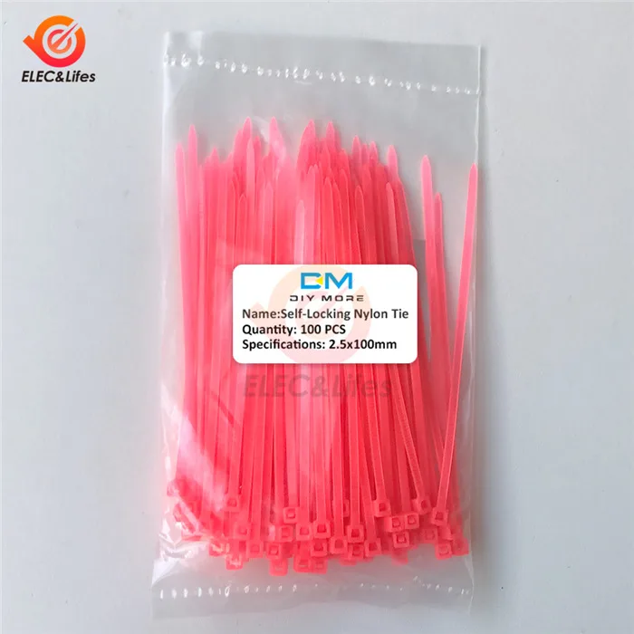 Pink 100 шт. самоблокирующиеся Нейлоновые кабельные стяжки 100 мм* 2,5 мм 10 см пластиковые стяжки на молнии кабель крепкая Привязка провода Органайзер Быстрый кабель - Color: Pink