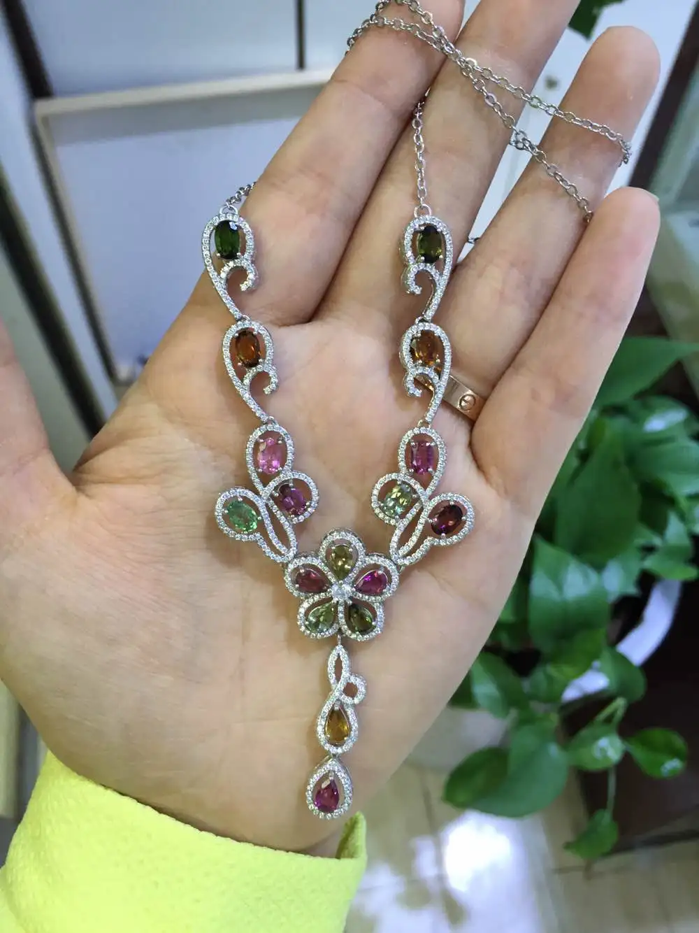 

Natural multicolor tourmaline Necklace Natural Gemstone Pendant Necklace 925 sliver trendy Luxury Flowers women party Jewelry
