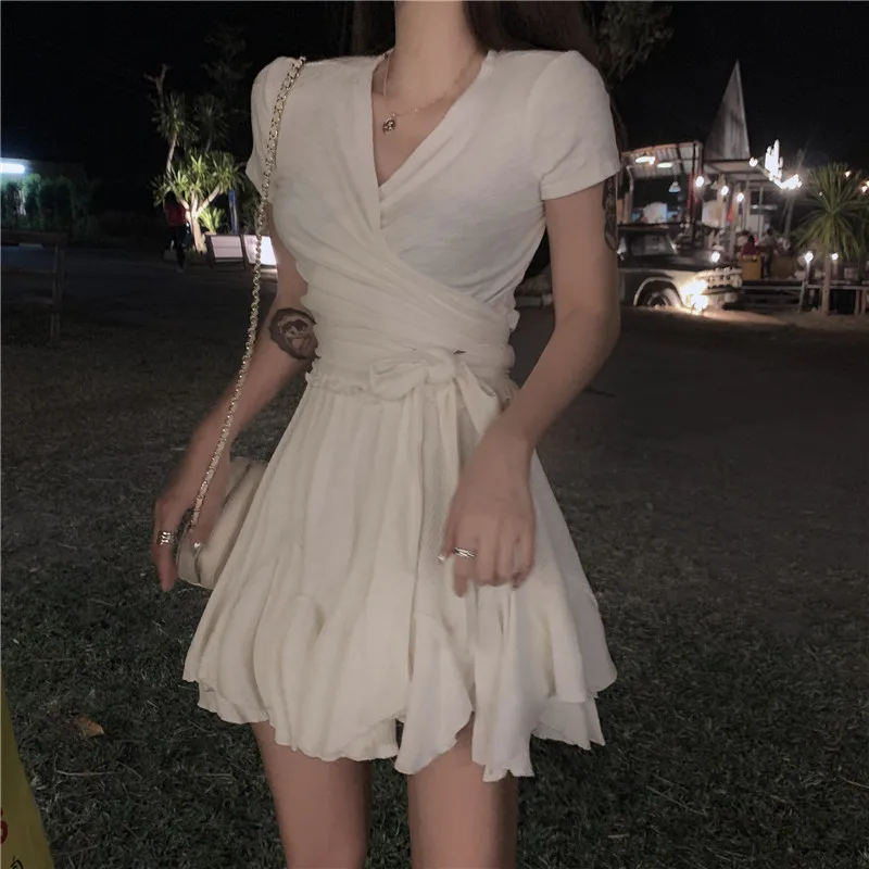 Женский летний комплект из 2 предметов белое платье с коротким рукавом