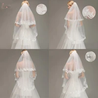 two layers lace edge elbow wedding veil with comb short bridal veil white ivory voile mariage bride wedding accessories
