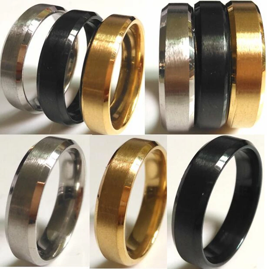 Wholesale 100PCS Bevel edges Classic Color &amp Style 6MM Black/Gold/Silver Stainless Steel Rings High Level Quality Inside Smooth |