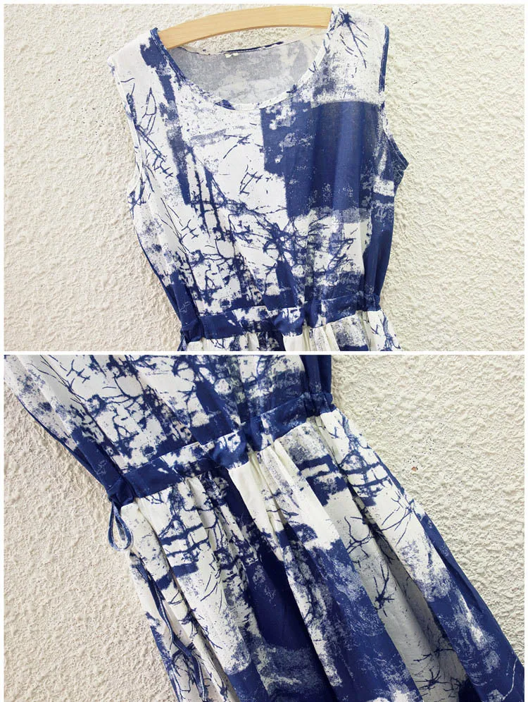 Women Vintage Dress New Design Summer Sleeveless Round Neck Cotton And Linen Print High Quality Vestidos Womens Slim De Festa | Женская