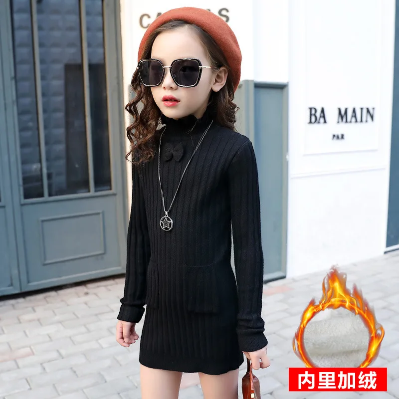 plus velvet black Детский свитер для девочек, топы, водолазка с бантом, длинный трикотажный свитер, платье, вельветовый Толстый Пуловер, свитер, базовая одежда для маленьких девочек - Цвет: plus velvet black