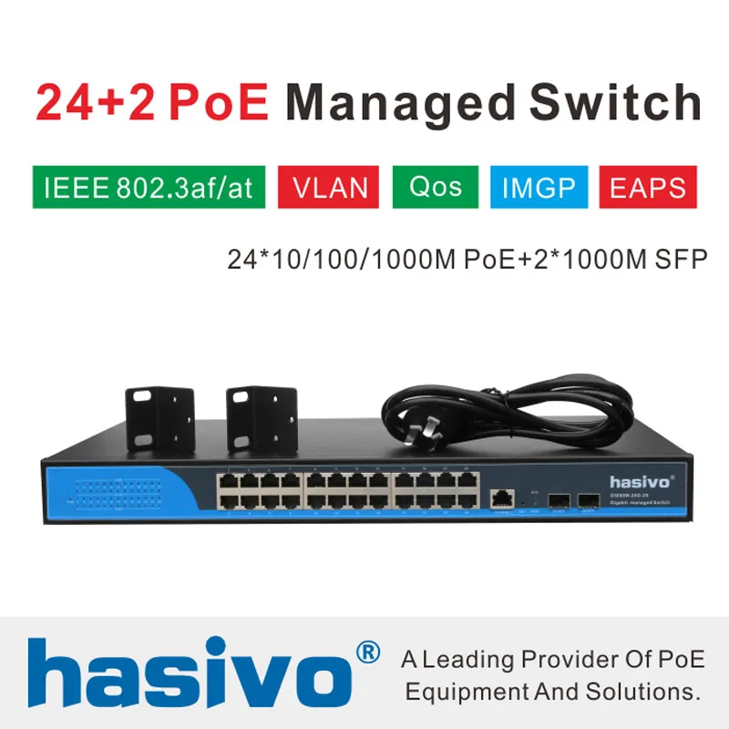 24 порта управляемый Poe Ethernet коммутатор 400 Вт с портами 10/100/1000 м Rj45 PoE 2 SFP