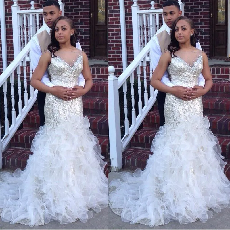 Новый Белый и Золотой Русалка Вечерние Платья 2016 Пром Sexy Открыть Назад Оборками