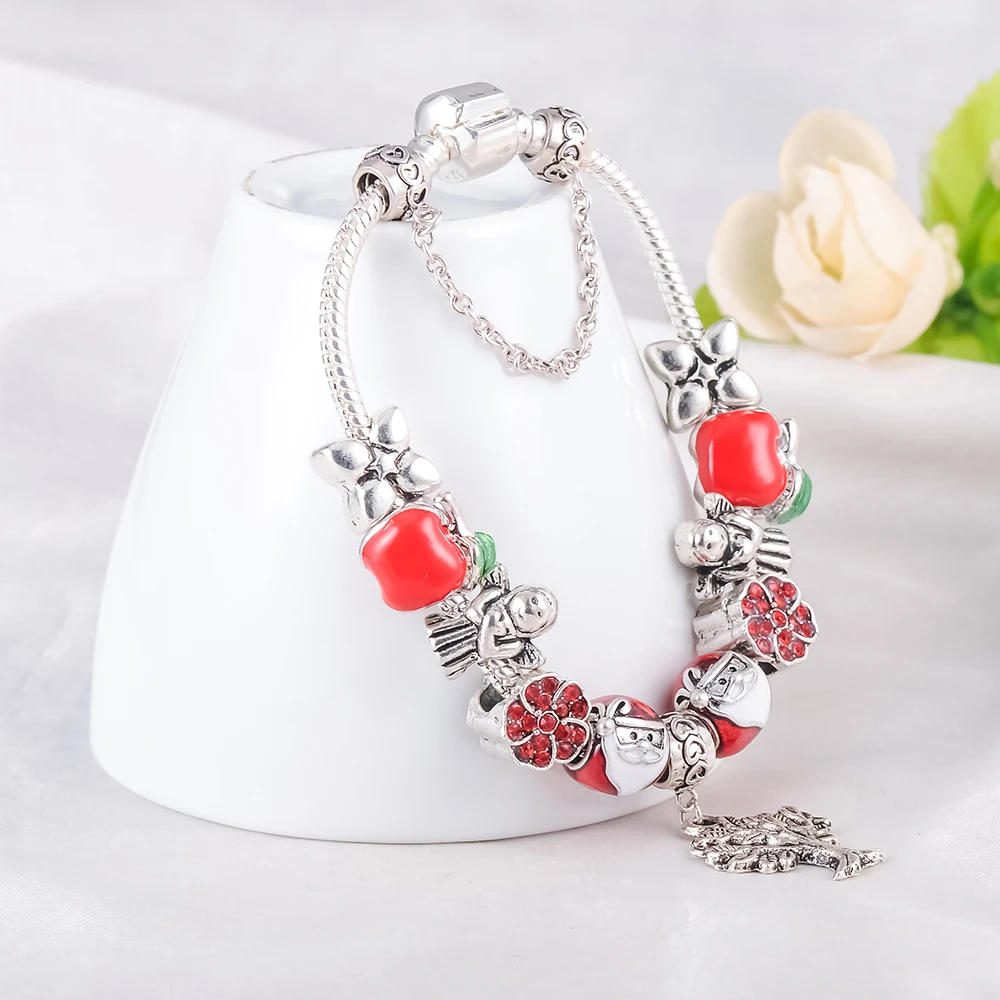 Beagloer Antique Silver Charm Bracelet &amp Bangle with Red Enamel/Crystal Ball Women Party 2017 Christmas Gift Jewelry PCBR0248 |