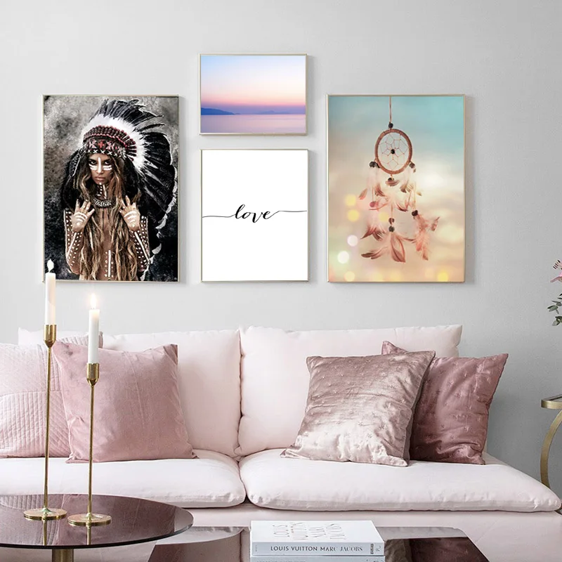 Племенная девушка мечта захват скандинавский Холст плакат гор закат пейзаж