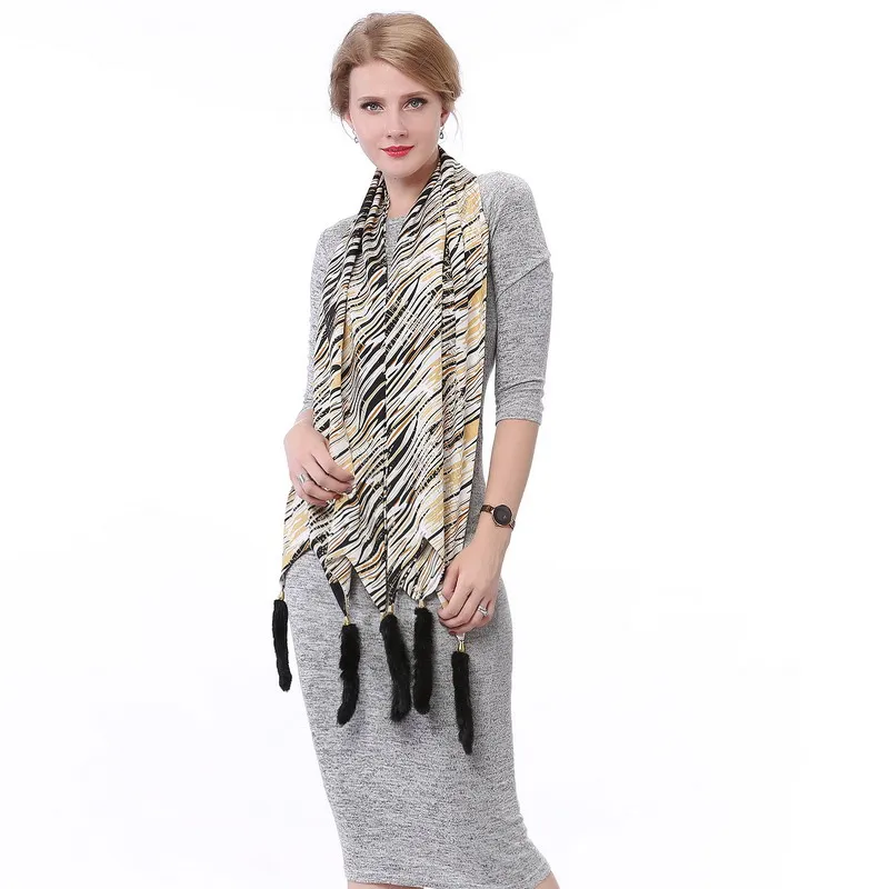Шелковый шарф норки Мех животных кисточкой шаль платок с принтом 175*35 см для женщин 2018|pashmina shawls|tassel shawlsilk scarf |