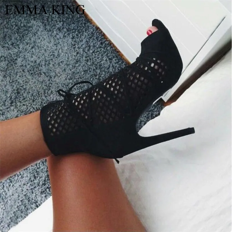 

EMMA KING Black Laser Party Womens Sandals Pump Toes Cover Heel Size 35-43 Thin High Heel Ankle Back Zipper Cross Tied Shoes