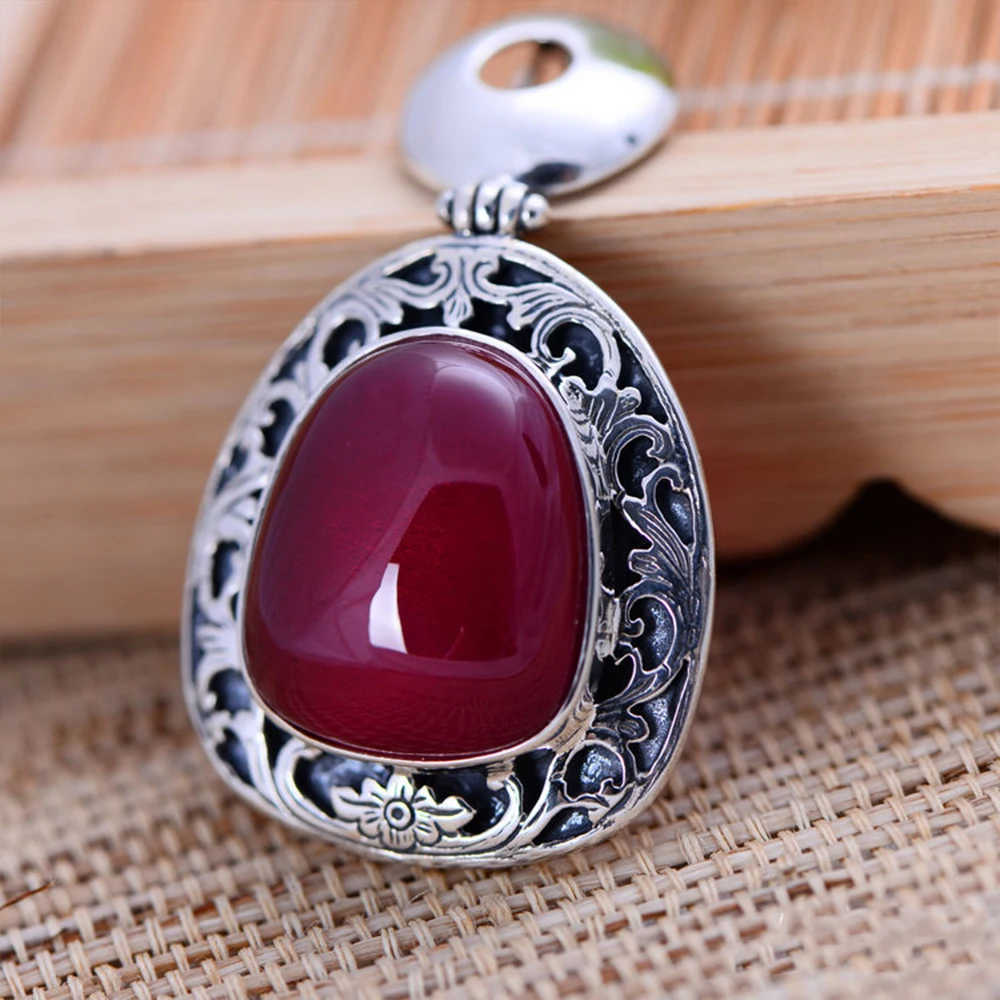 

MetJakt 925 Sterling Silver Pendant for Sweater Chain & Natural Red Corundum Vintage Pendants for Women's Luxury Jewelry