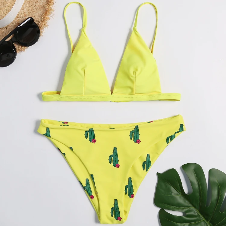 Треугольный бикини сексуальный с низкой посадкой принтом кактуса купальник Maillot