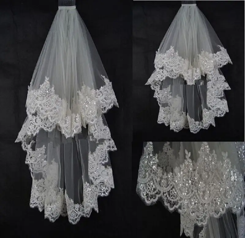 

New Ivory White Elbow Length Short Wedding Bridal Veil with Sequined Lace