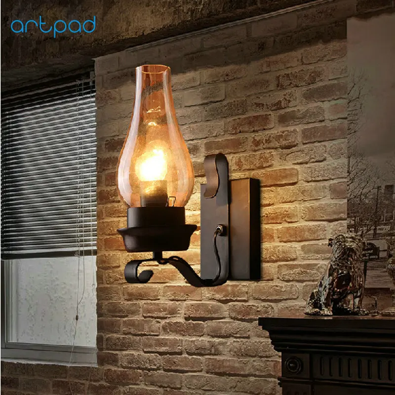 Vintage Loft Wall Lamp with Glass Lampshade for Kitchen Living Room Bedside Mounted Sconce Light Fixture E27 Bulb Free | Лампы и
