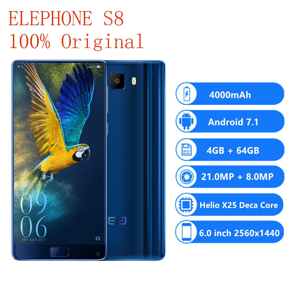 Оригинал Elephone S8 4 г LTE Android 7.1 2560x1440 Дека Core Смартфон 6.0 дюймов телефона ГБ 64 4000 мАч