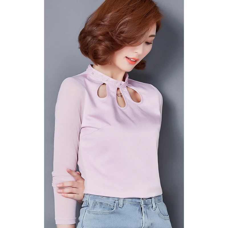 women tops Hollow Out Solid shirt Long Sleeve Fashion Cotton Stand Blusas Mujer De Moda 2017 Autumn Blouse Femme plus size 3XL |