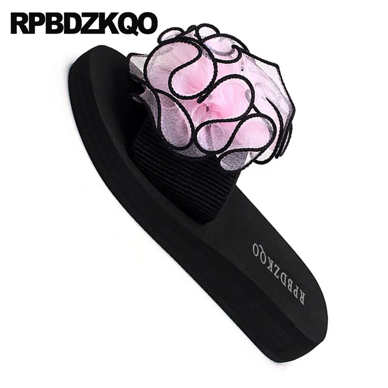 Flower Slippers Sandals Large Size Big High Heel Ladies Wedge Fashion Wide Fit Shoes Flatforms Pink Women Summer Low Slides Plus | Обувь