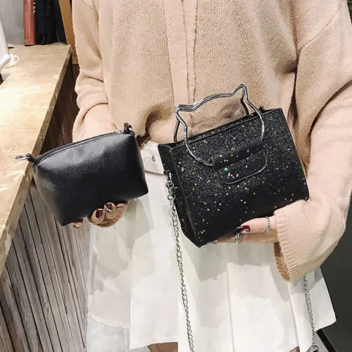 2PCS Women Sequins Handbags Bags PU Leather Cat Ears Shoulder Purse Totes | Багаж и сумки
