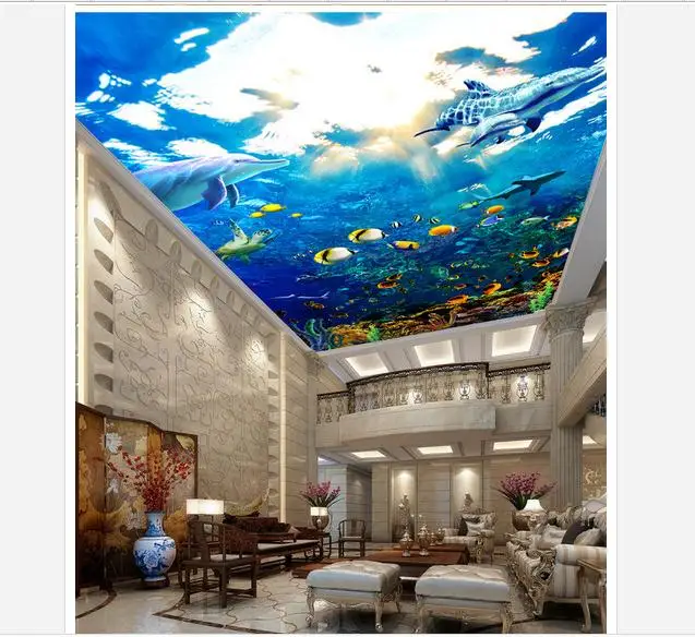 

Customized 3d wallpaper 3d ceiling wallpaper murals marine dolphin ceiling ceiling frescoes beauty wall room decoration