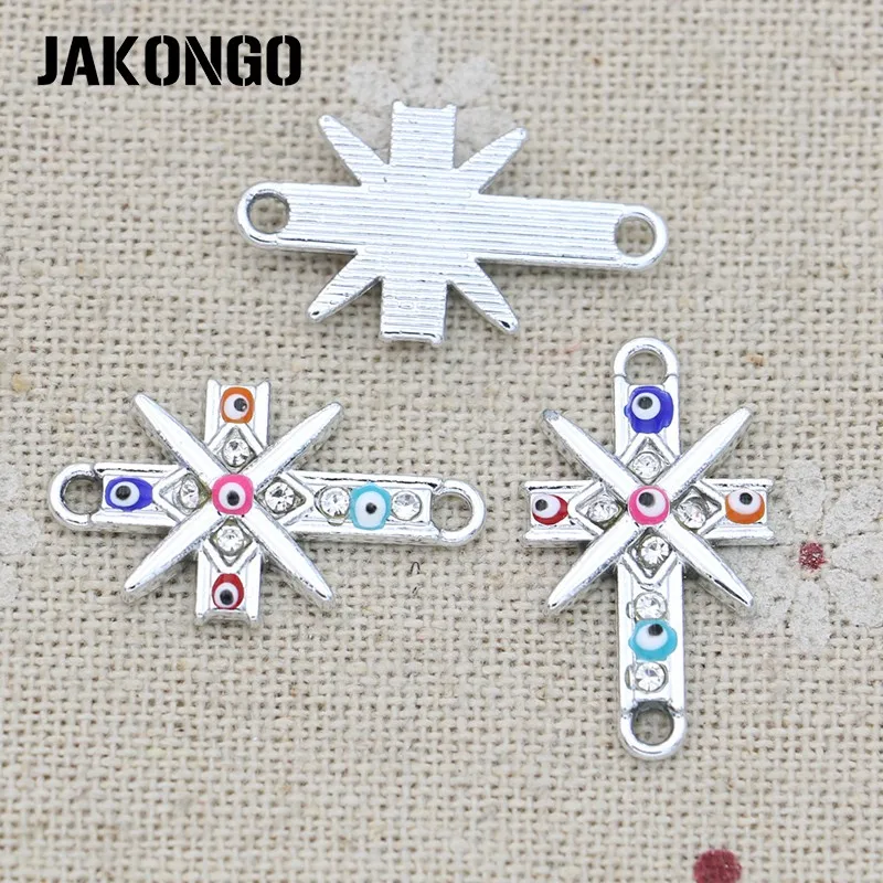 JAKONGO Silver Plated Crystal Cross Evil Eye Connector for Jewelry Making Bracelet Findings DIY Accessories 24x14mm 5pcs | Украшения и