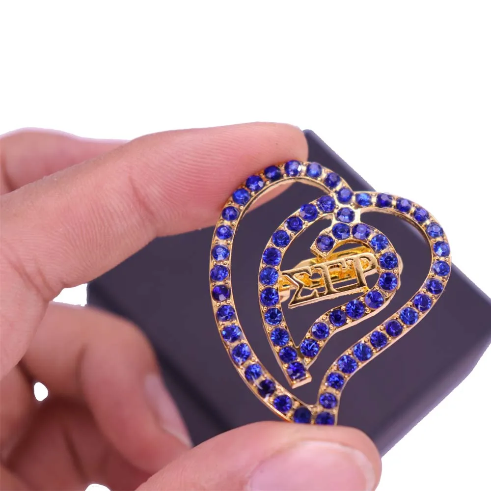 New Arrival Metal Love Heart Blue Crystal Sigma Gamma RHO Brooch Greek Letter SGRHO Symbol Sorority Brooches Jewelry For Gift | Украшения и