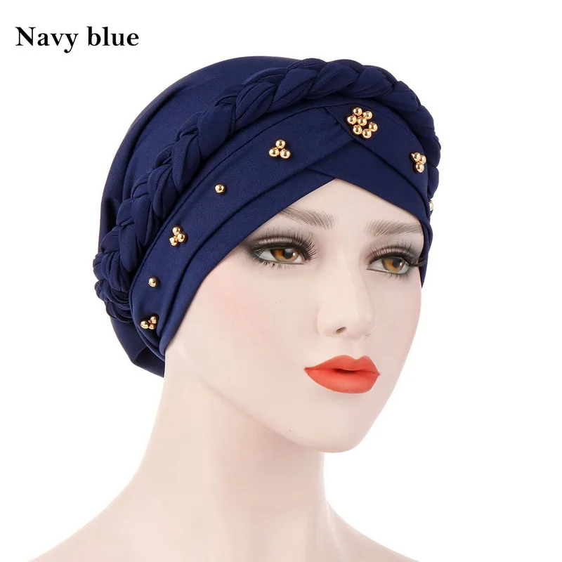 navy blue WENYUJH Новинка для хиджаба мусульманских женщин Эластичный Тюрбан шляпа исламский бисер Кепка chemo дамы хиджаб стрейч головной убор обернуть головной платок - Цвет: navy blue