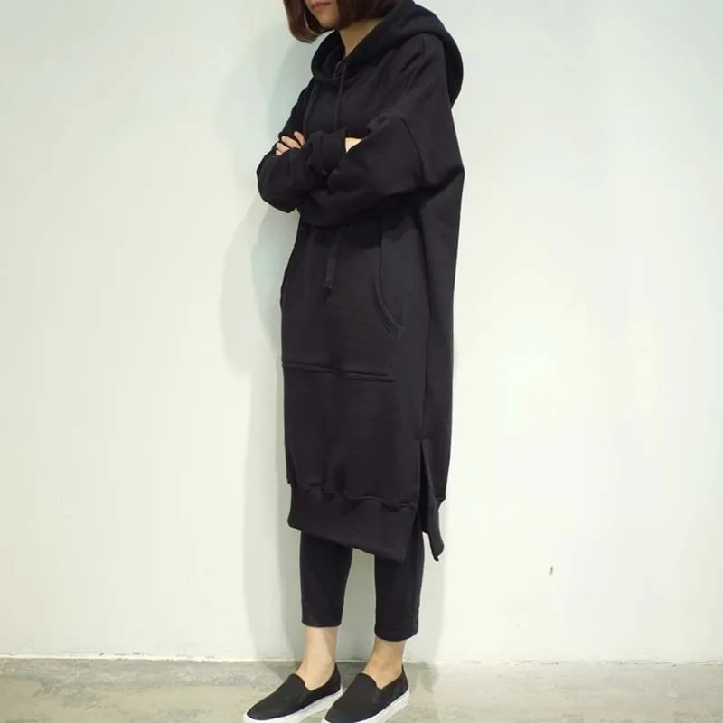 Женское зимнее платье с капюшоном теплое серое Хлопковое длинным рукавом зима 2020