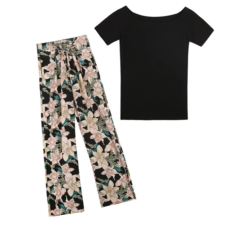 Женские летние комплекты модная черная футболка + зеленые черные кружевные