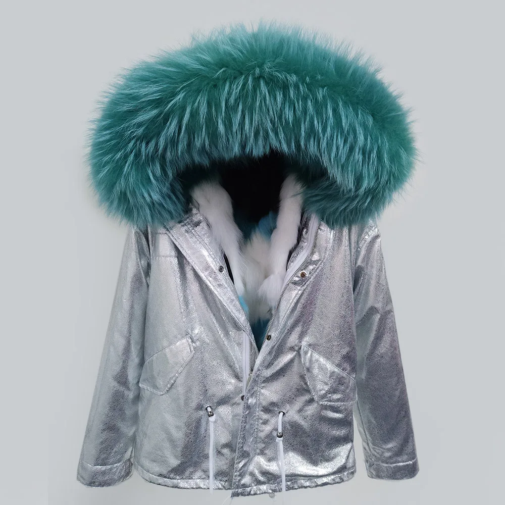OFTBUY, новинка, парка, шуба, зимняя куртка, женская, серебряная, искусственная кожа, пальто, натуральный мех енота, воротник, натуральный Лисий мех, inisde, теплый, толстый мех