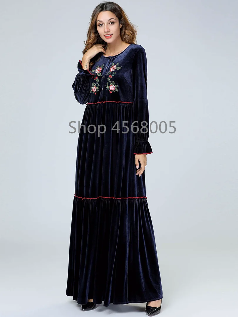 Бархат abaya s Вышивка темно-синие женские мусульманские платья плюс размер халат