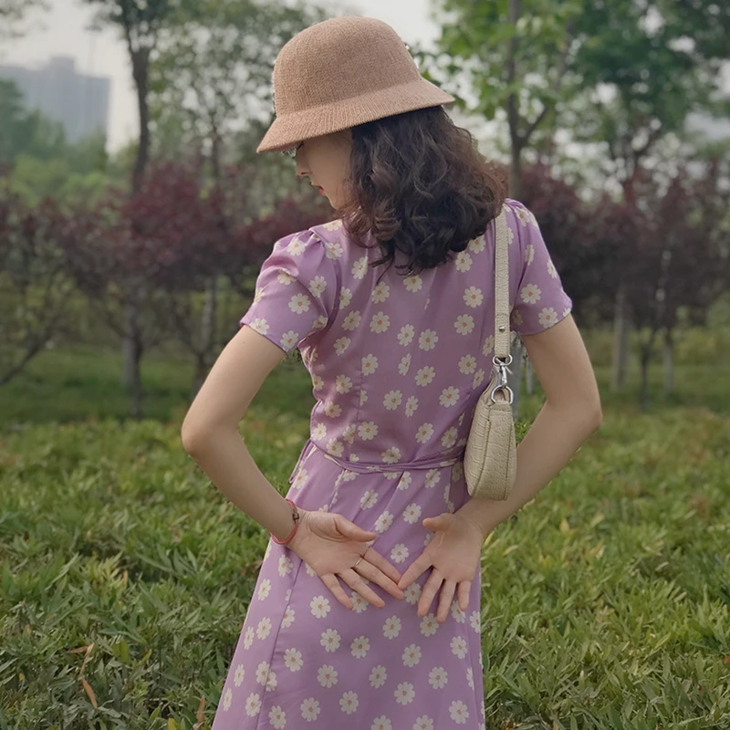 Винтажное летнее платье с цветочным принтом женское пляжное v образным вырезом и