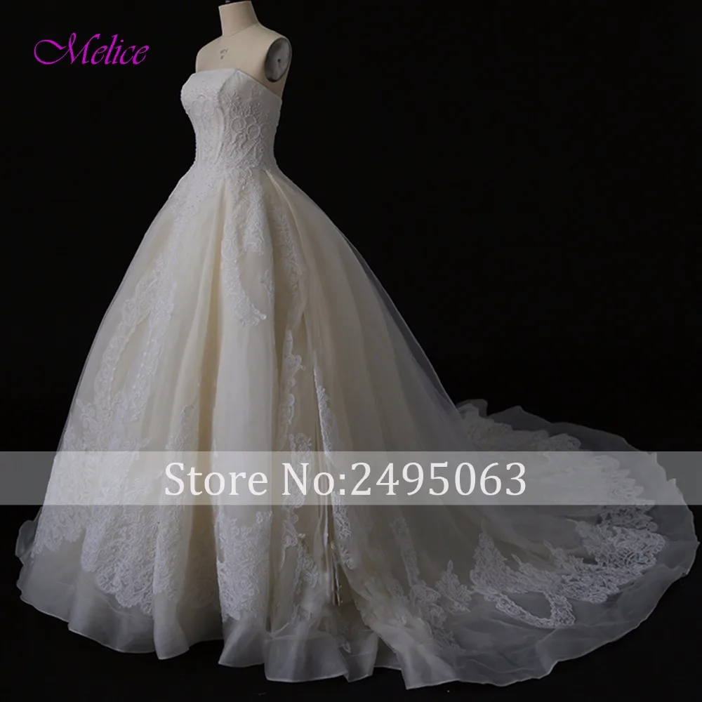 Fmogl Strapless Lace Up Appliques A-Line Wedding Dress 2019 Luxury Pearls Princess Bridal Vestido de Noiva Plus Size | Свадьбы и