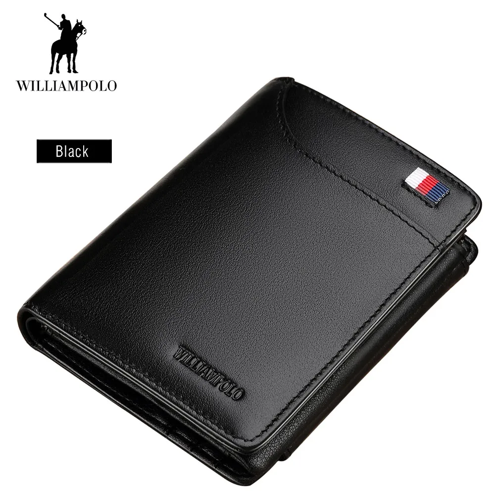Black Мужские кошельки из натуральной кожи от бренда WilliamPOLO, бумажник с тремя сложениями, кошелек на молнии с карманом для монет, кошелек из мягкой коровьей кожи, мужской кошелек с отделением для карт - Цвет: Black